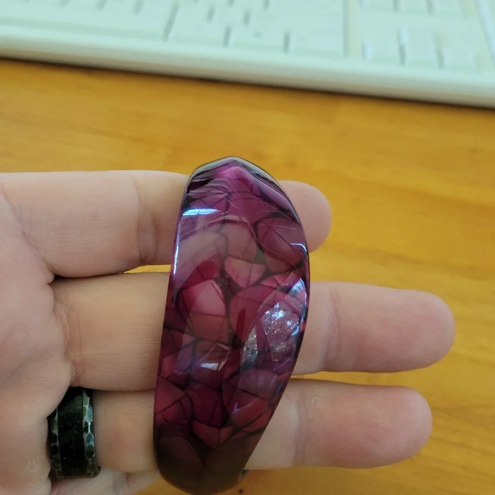 Purple Resin Bangle Bracelet Shell Mosaic Inlay Wide Domed 2.5 Inch